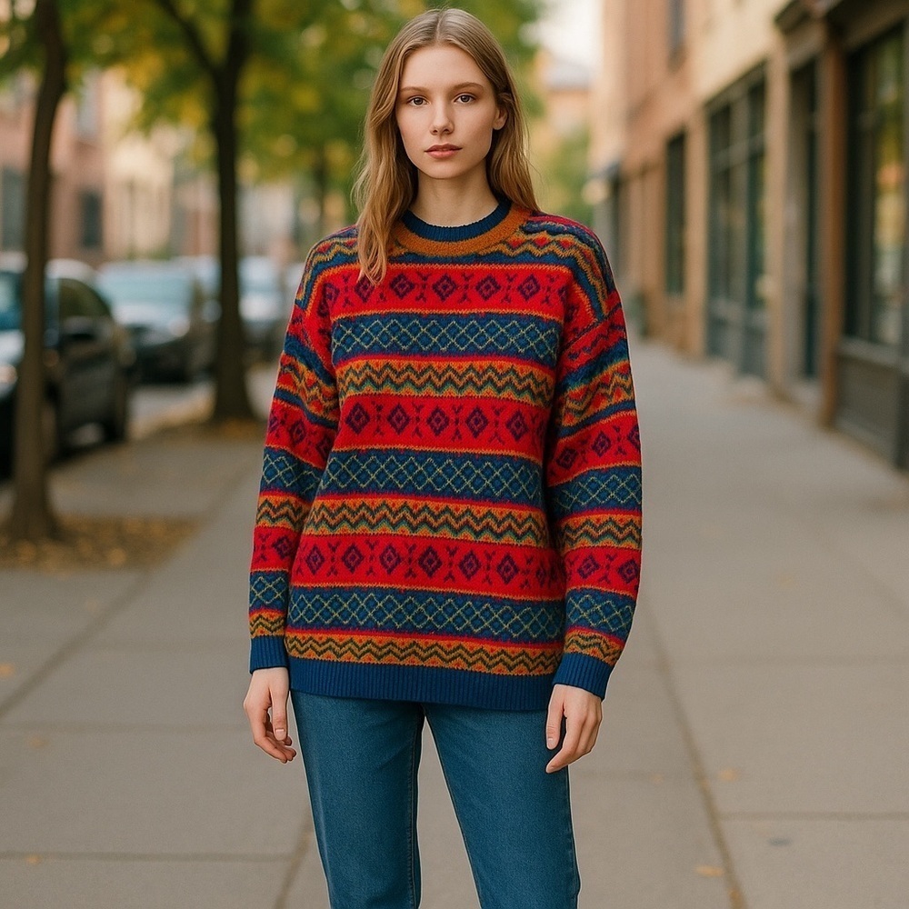 Vintage Paul Harris Colorful Patterned Women's Sweater Size M Beaded Oversized